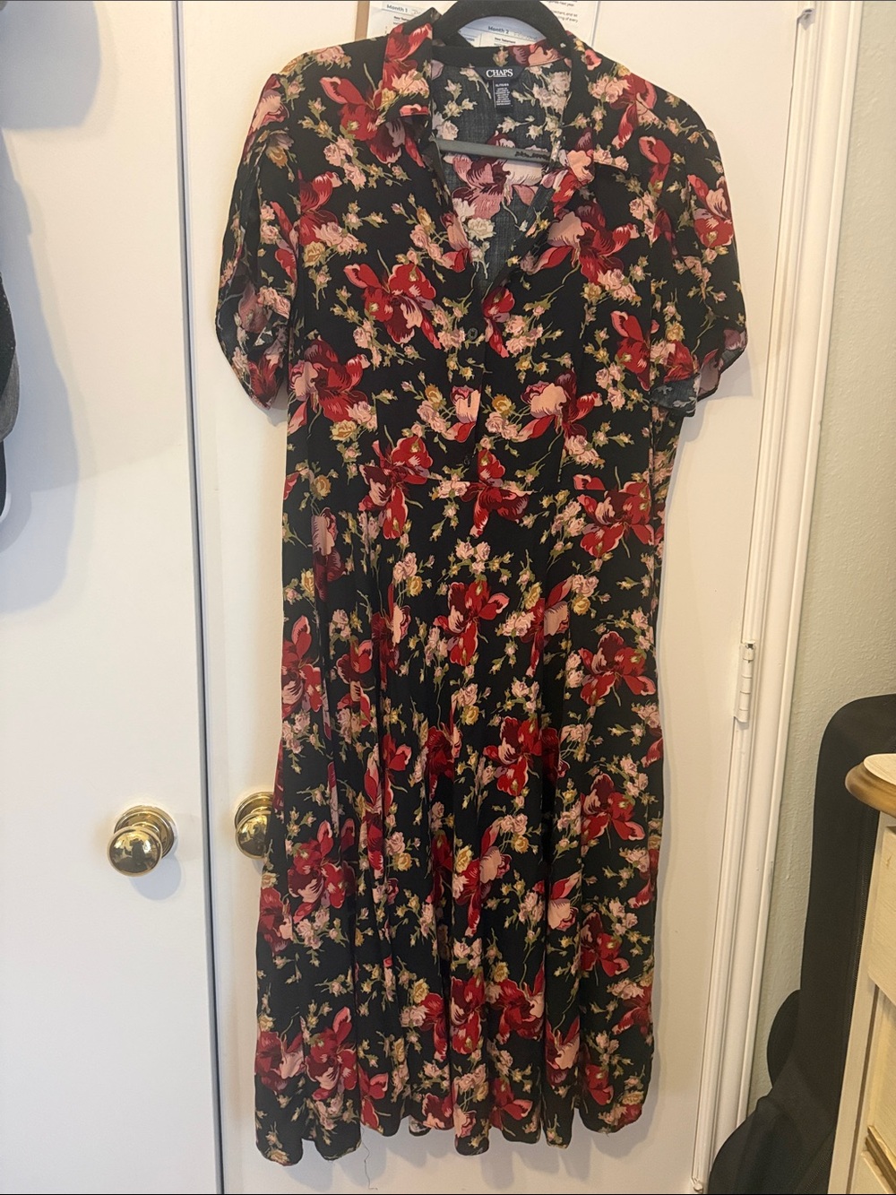 Chaps Black Midi Dress with Red and Pink Floral Print